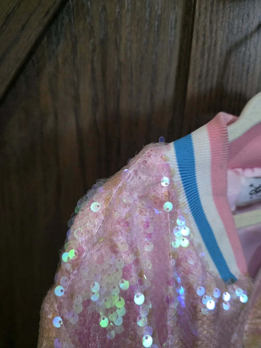Lola + The Boys Pink Iridescent Sequin Bomber Jacket with Blue & White Trim